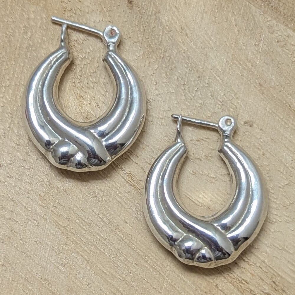 🆕.925 STERLING SILVER RIBBED ROUND HOOP EARRINGS